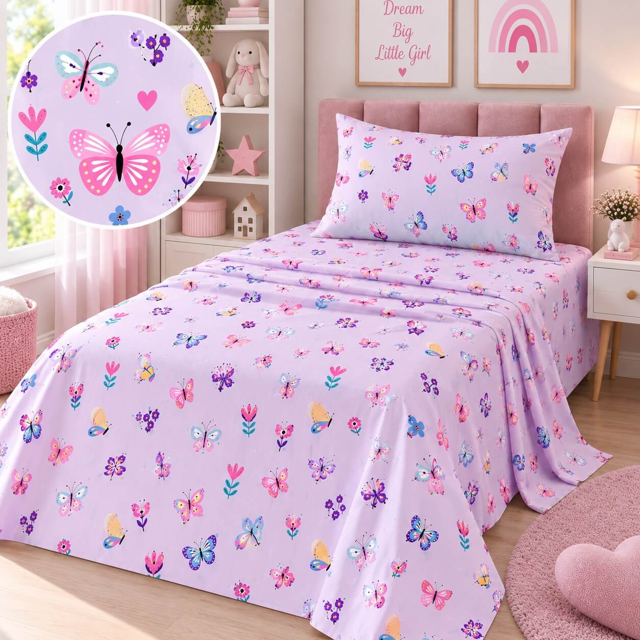 BUTTERFLY-SET-1 Το σετ τριών τεμαχίων παιδικά σεντόνια περιλαμβάνει δύο σεντόνια διάστασης 170x260cm και μία μαξιλαροθήκη 52x72cm.