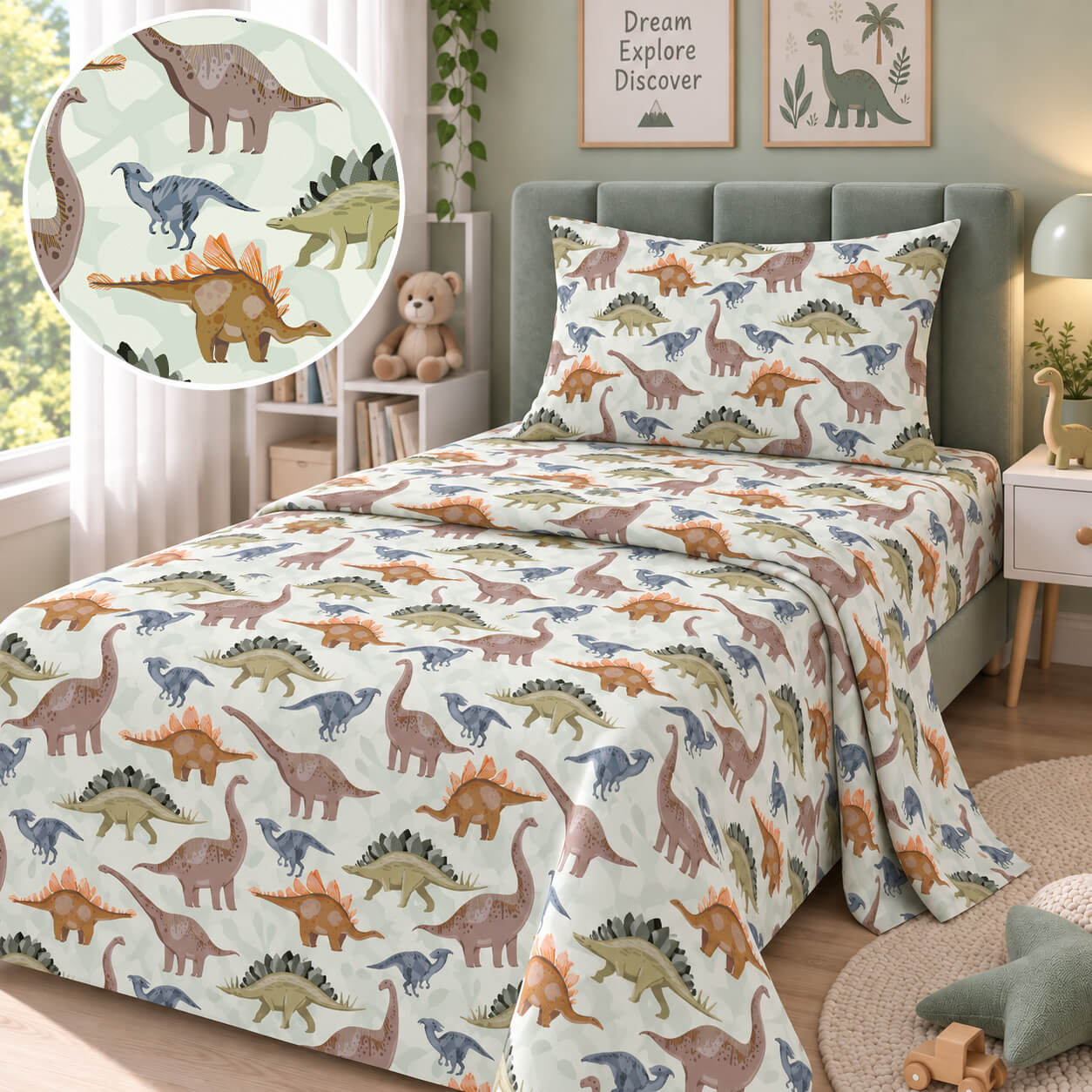 DINOSAURS-SET-1 Το σετ τριών τεμαχίων παιδικά σεντόνια περιλαμβάνει δύο σεντόνια διάστασης 170x260cm και μία μαξιλαροθήκη 52x72cm.