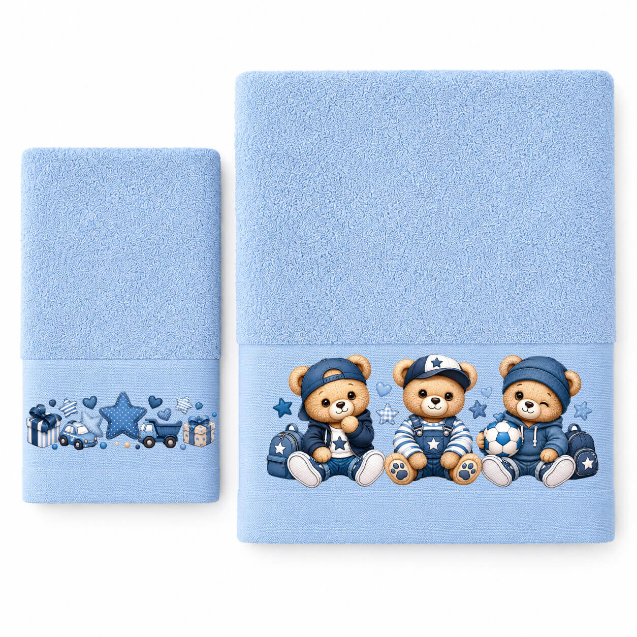 baby bear boy-1 Σετ παιδικές πετσέτες 2 τεμαχίων σε κουτί 100% βαμβάκι, βάρους 500gr/m2. Το σετ περιλαμβάνει μια πετσέτα χεριών και μια πετσέτα μπάνιου.
